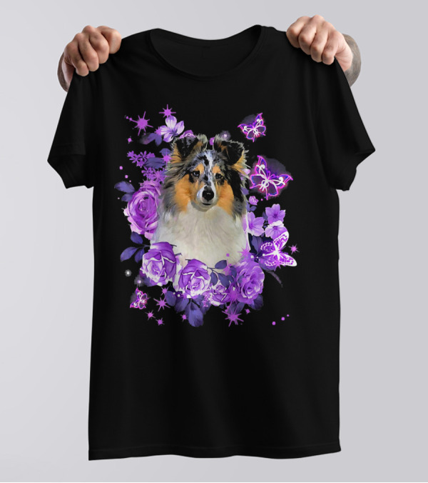 Cute Sheltie Surrounded By Purple Flowers And Butterflies For Women Lovers T-Shirt