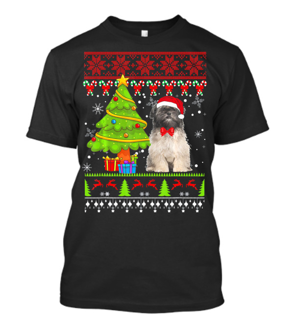 Lhasa Apso Ugly Christmas Sweater With Festive Tree And Santa Hat Dog T-Shirt