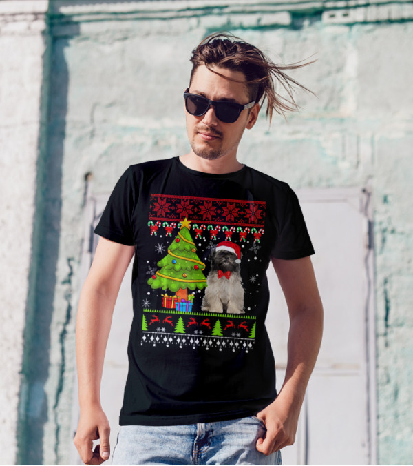 Lhasa Apso Ugly Christmas Sweater With Festive Tree And Santa Hat Dog T-Shirt
