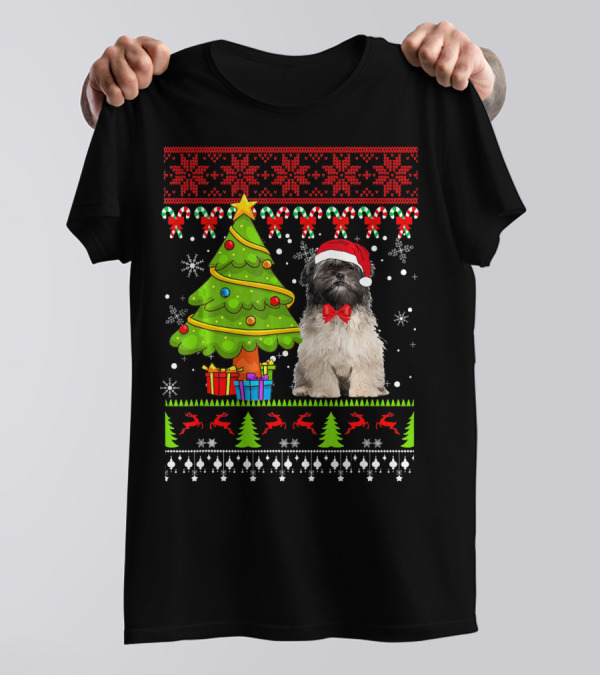 Lhasa Apso Ugly Christmas Sweater With Festive Tree And Santa Hat Dog T-Shirt