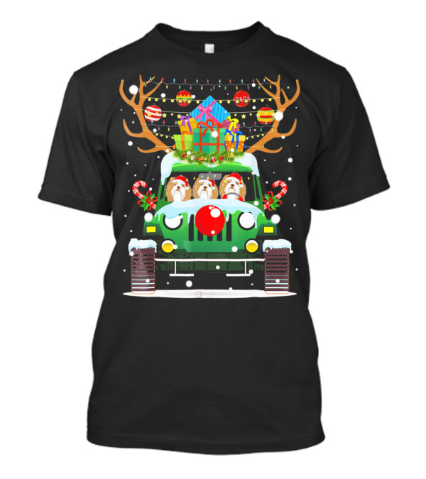 Lhasa Apso Santa Hat Driving Jeep Reindeer Christmas Dogs Snowflakes Holiday Gifts T-Shirt