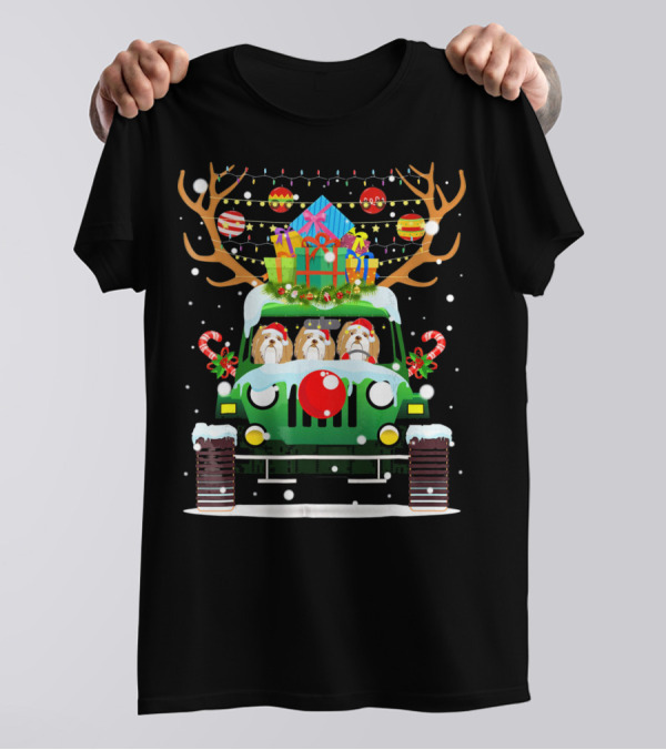Lhasa Apso Santa Hat Driving Jeep Reindeer Christmas Dogs Snowflakes Holiday Gifts T-Shirt