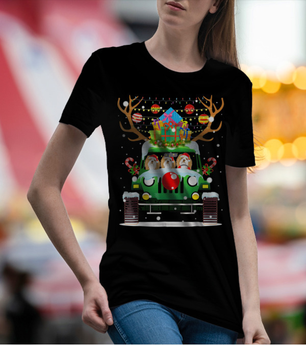 Lhasa Apso Santa Hat Driving Jeep Reindeer Christmas Dogs Snowflakes Holiday Gifts T-Shirt