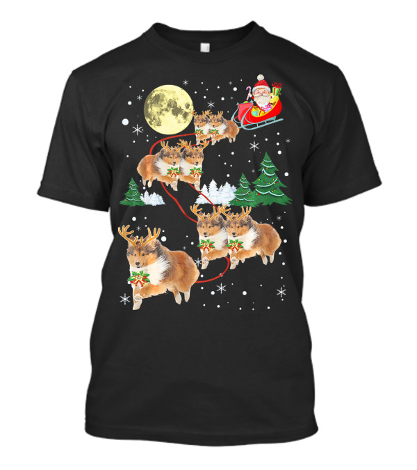 Funny Sheltie Christmas Xmas Pajama Santa Sleigh With Sheltie Reindeer And Moon T-Shirt