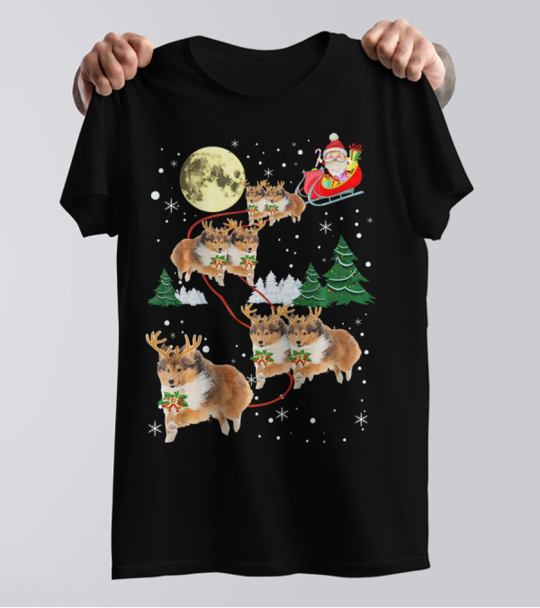 Funny Sheltie Christmas Xmas Pajama Santa Sleigh With Sheltie Reindeer And Moon T-Shirt