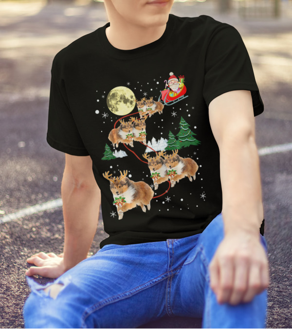 Funny Sheltie Christmas Xmas Pajama Santa Sleigh With Sheltie Reindeer And Moon T-Shirt