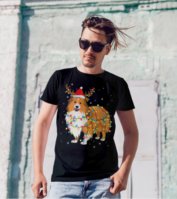 Christmas Lights Shetland Sheepdog Santa Hat Antlers T-Shirt