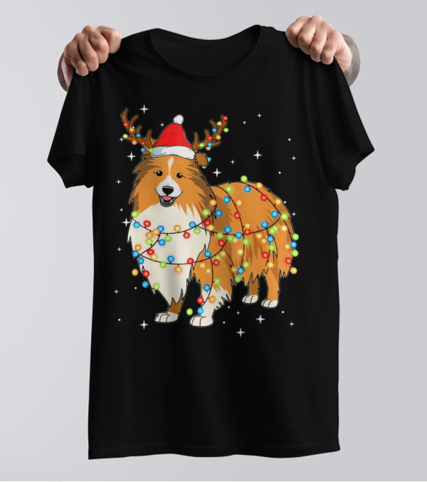 Christmas Lights Shetland Sheepdog Santa Hat Antlers T-Shirt