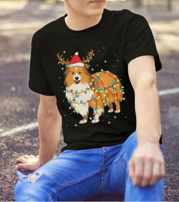 Christmas Lights Shetland Sheepdog Santa Hat Antlers T-Shirt