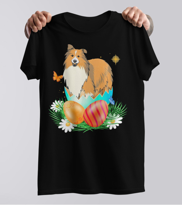 Easter Day Shetland Sheepdog Hatching From Egg With Colorful Easter Eggs And Butterflies T-Shirt