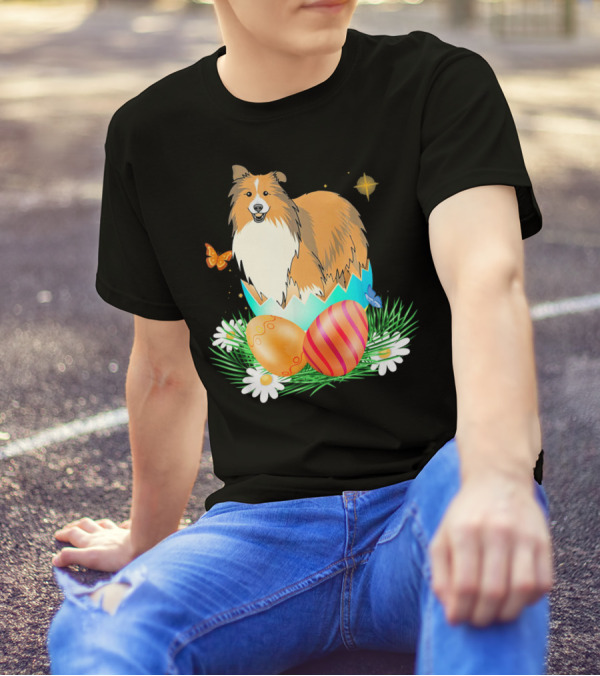 Easter Day Shetland Sheepdog Hatching From Egg With Colorful Easter Eggs And Butterflies T-Shirt