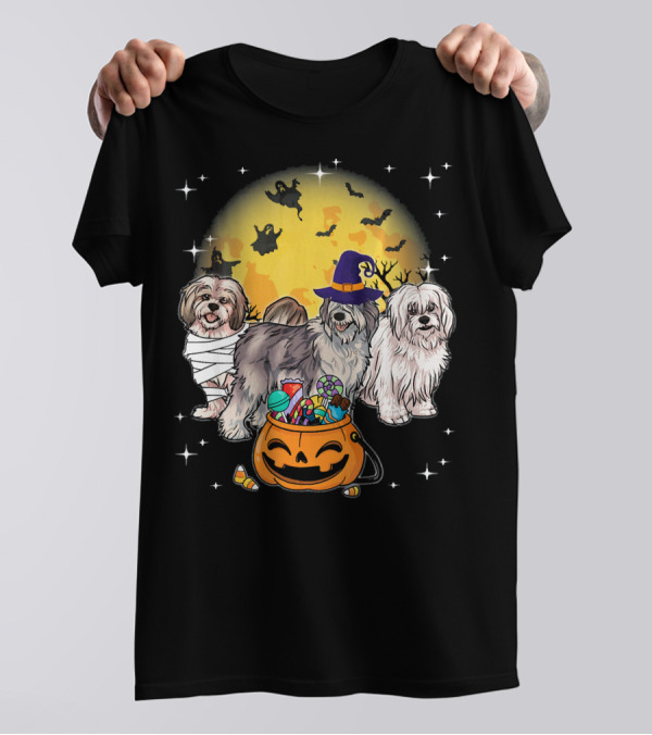 Lhasa Apso Mummy Witch Moon Ghosts Pumpkin Halloween Dogs T-Shirt