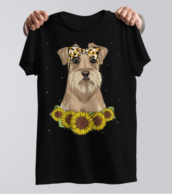 Girls Schnauzer Dog With Sunflower Headband And Sunflower Garland T-Shirt