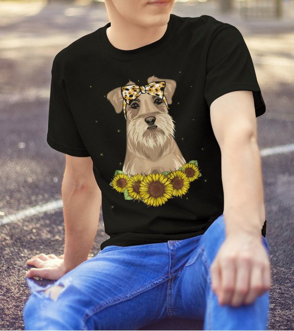 Girls Schnauzer Dog With Sunflower Headband And Sunflower Garland T-Shirt