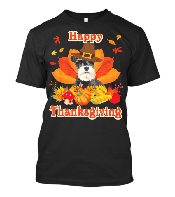 Happy Thanksgiving Schnauzer Dog With Fall Leaves And Harvest Elements T-Shirt