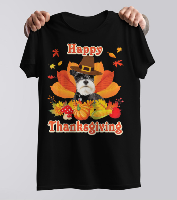 Happy Thanksgiving Schnauzer Dog With Fall Leaves And Harvest Elements T-Shirt