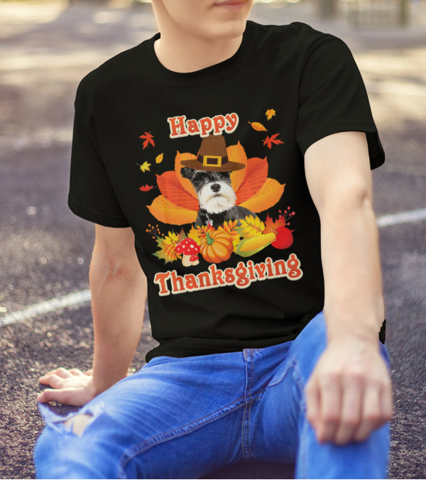 Happy Thanksgiving Schnauzer Dog With Fall Leaves And Harvest Elements T-Shirt