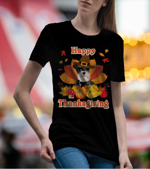 Happy Thanksgiving Schnauzer Dog With Fall Leaves And Harvest Elements T-Shirt