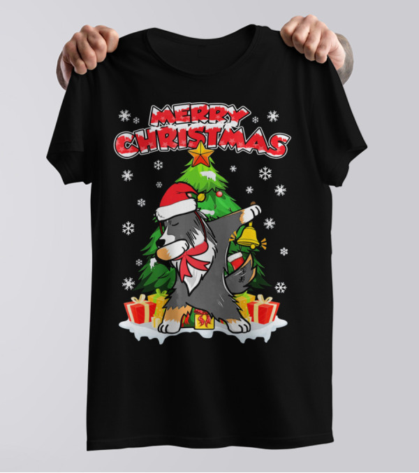 Merry Christmas Funny Dabbing Sheltie With Tree And Gifts T-Shirt