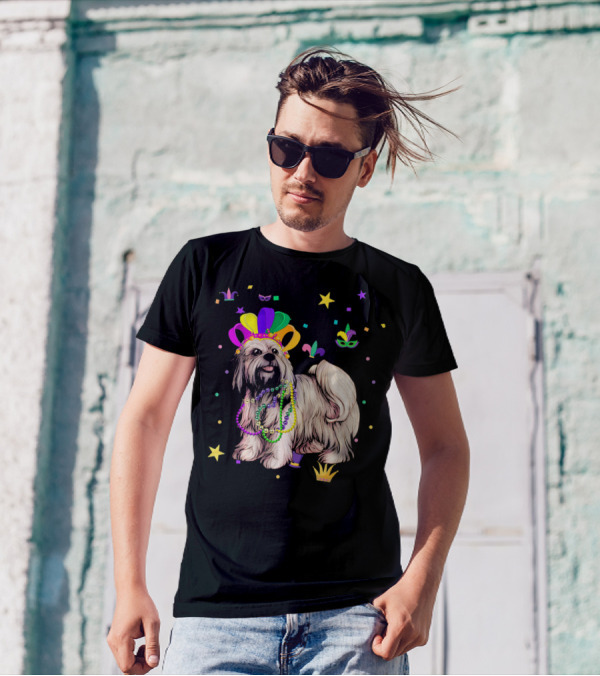 Lhasa Apso Dog Wearing Beads And Crown At Mardi Gras Celebration With Stars And Masks T-Shirt