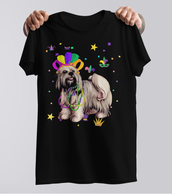 Lhasa Apso Dog Wearing Beads And Crown At Mardi Gras Celebration With Stars And Masks T-Shirt
