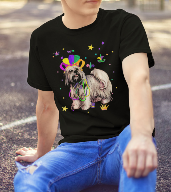 Lhasa Apso Dog Wearing Beads And Crown At Mardi Gras Celebration With Stars And Masks T-Shirt