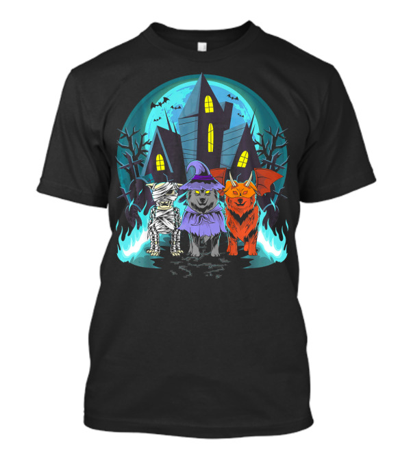 Halloween Shelties Mummy Witch Devil In Haunted House Scene T-Shirt