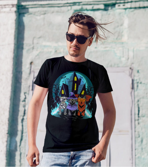 Halloween Shelties Mummy Witch Devil In Haunted House Scene T-Shirt