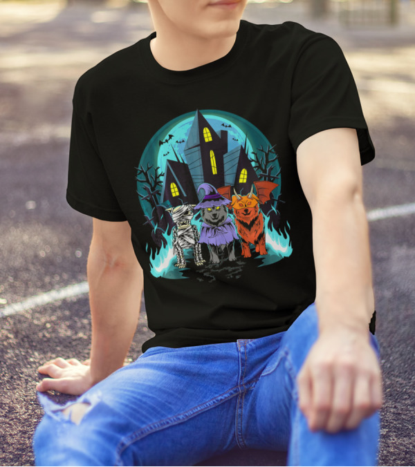 Halloween Shelties Mummy Witch Devil In Haunted House Scene T-Shirt