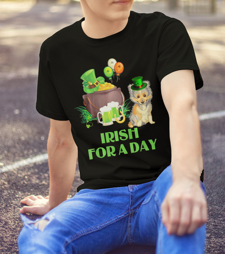 Irish For A Day Pembroke Sheltie Leprechaun Hat Rainbow Balloons T-Shirt