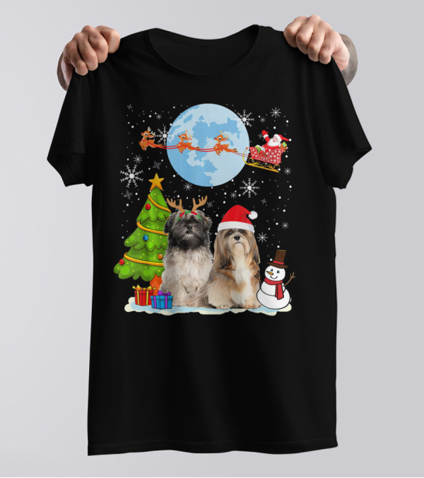 Funny Lhasa Apso Christmas Moon Santa Reindeer Sleigh Snowman Tree T-Shirt