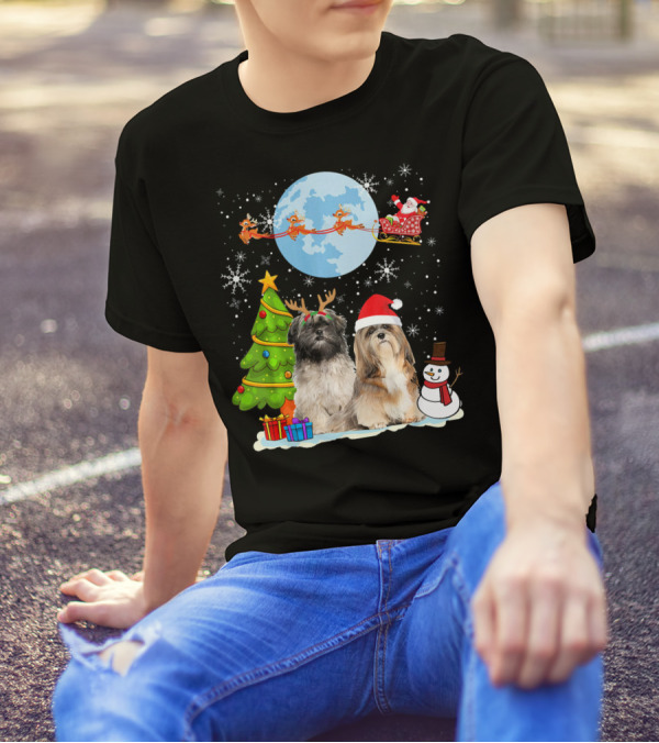Funny Lhasa Apso Christmas Moon Santa Reindeer Sleigh Snowman Tree T-Shirt