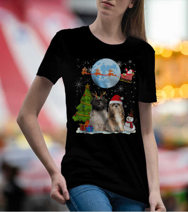 Funny Lhasa Apso Christmas Moon Santa Reindeer Sleigh Snowman Tree T-Shirt