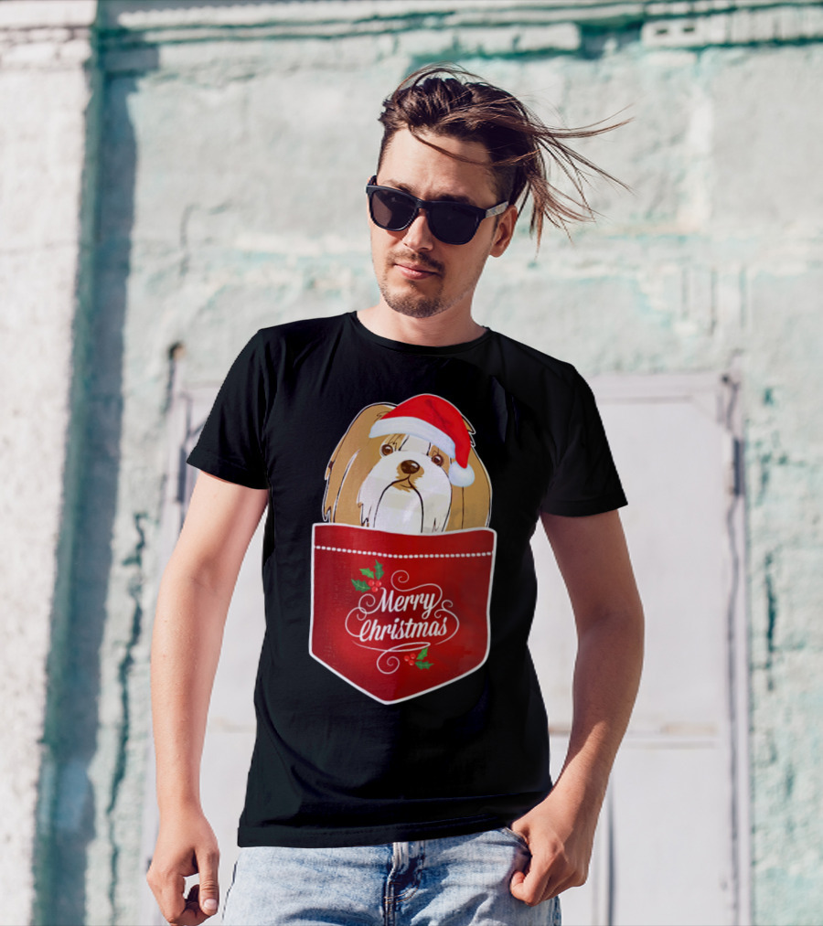 Merry Christmas Lhasa Apso In Santa Hat Pocket T-Shirt