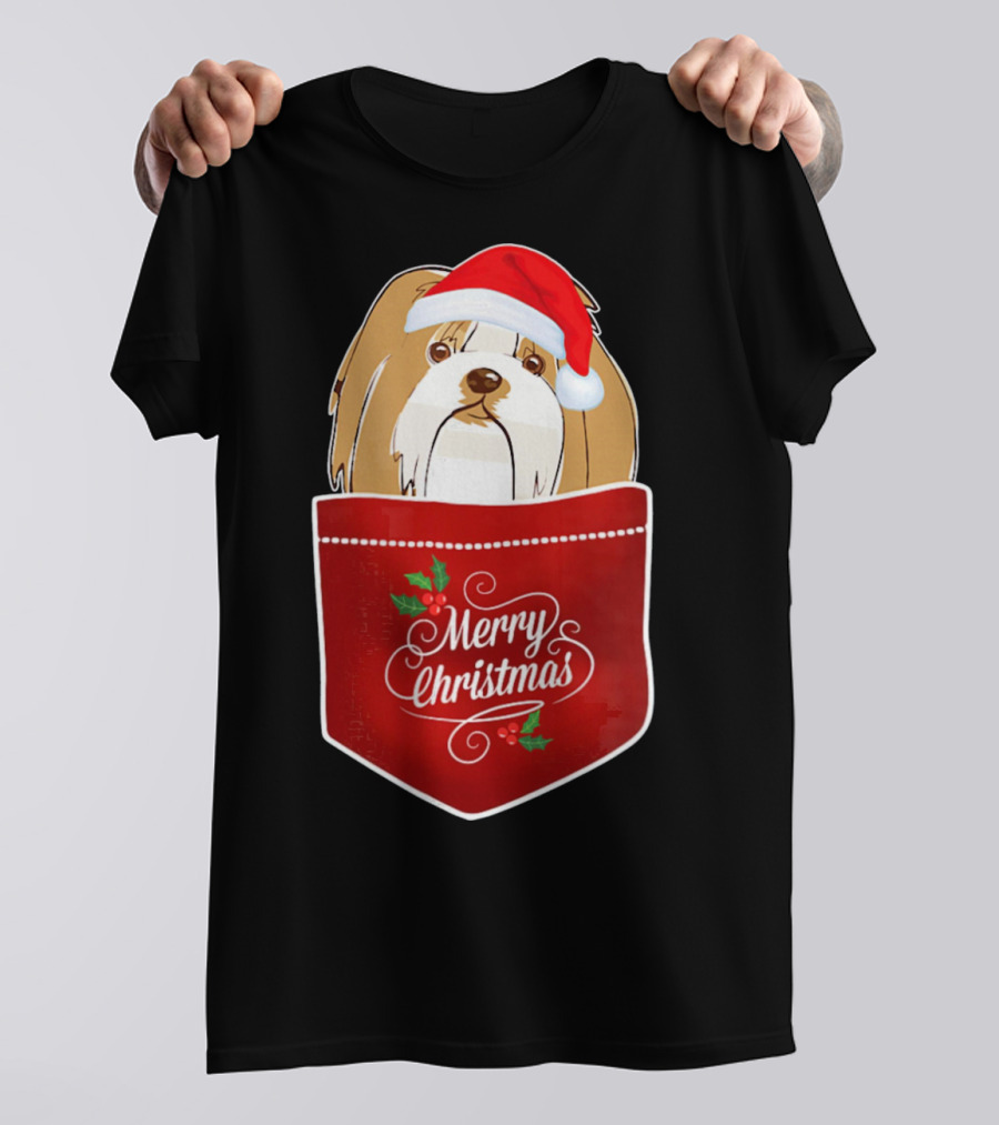 Merry Christmas Lhasa Apso In Santa Hat Pocket T-Shirt
