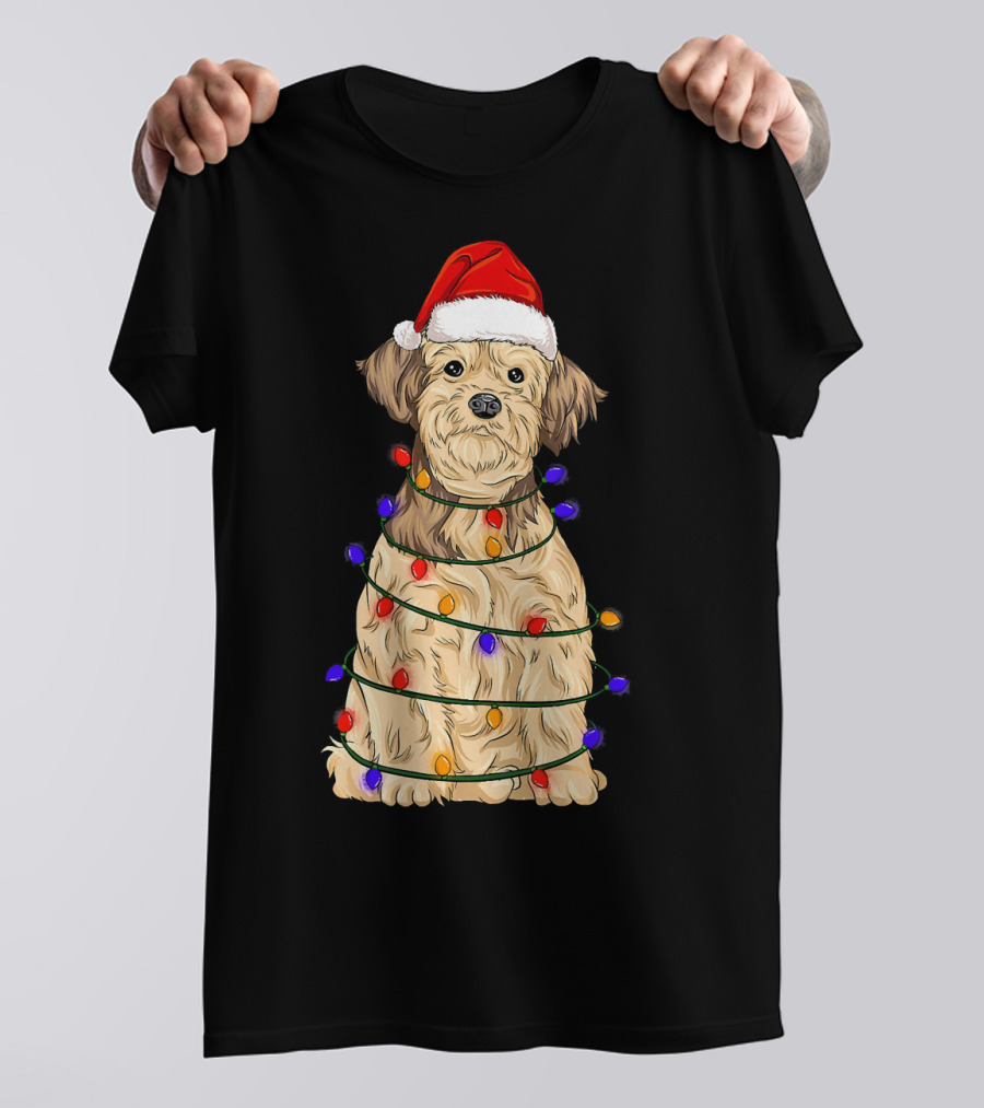 Lhasa Apso With Santa Hat Wrapped In Xmas Lights T-Shirt