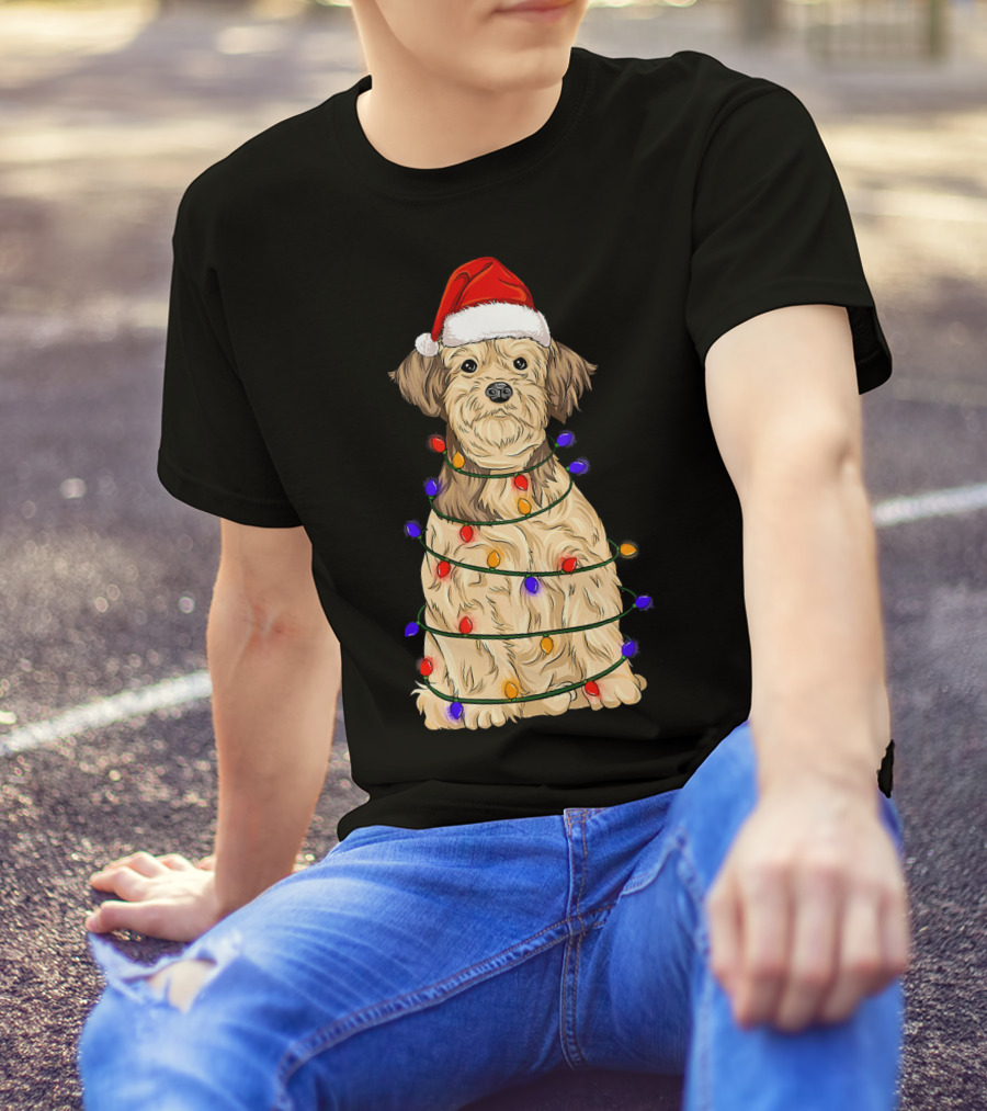 Lhasa Apso With Santa Hat Wrapped In Xmas Lights T-Shirt