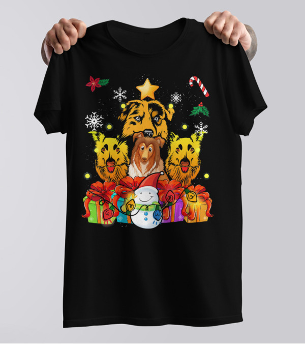 Funny Sheltie Christmas Tree With Presents And Snowman T-Shirt