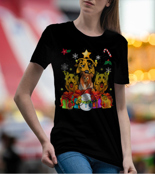 Funny Sheltie Christmas Tree With Presents And Snowman T-Shirt