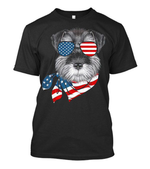 American Flag Schnauzer With Patriotic Aviator Sunglasses And Scarf T-Shirt