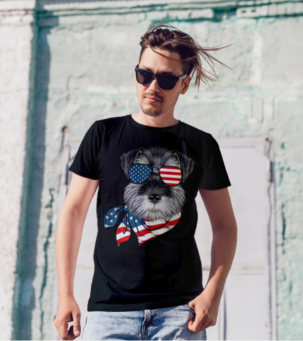 American Flag Schnauzer With Patriotic Aviator Sunglasses And Scarf T-Shirt