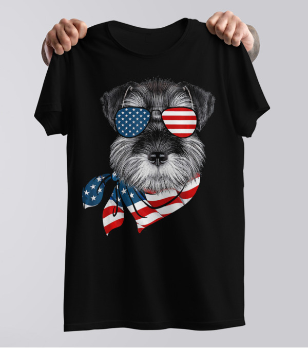 American Flag Schnauzer With Patriotic Aviator Sunglasses And Scarf T-Shirt