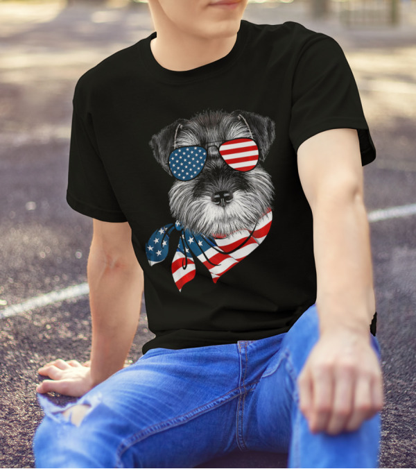 American Flag Schnauzer With Patriotic Aviator Sunglasses And Scarf T-Shirt