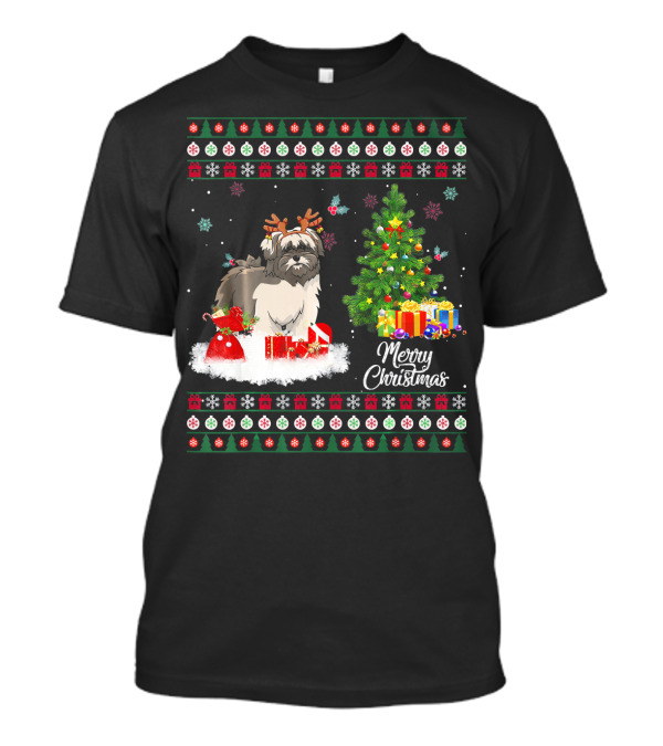 Merry Christmas Lhasa Apso Reindeer Presents Tree Snowflakes T-Shirt
