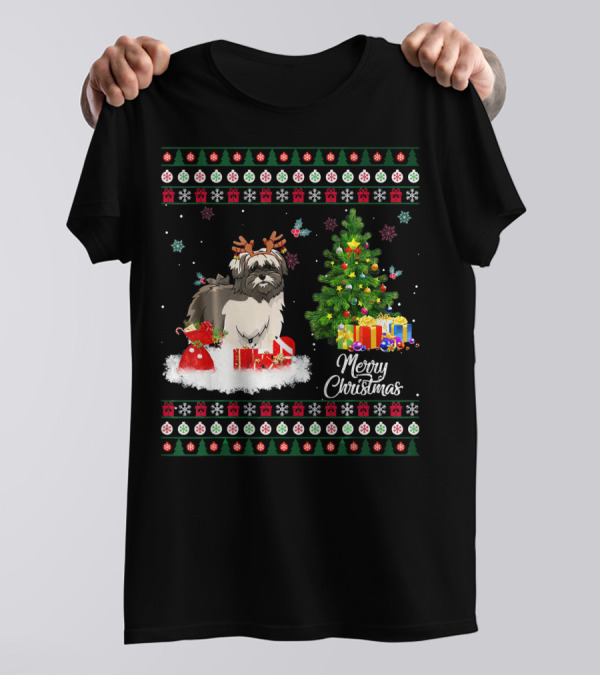 Merry Christmas Lhasa Apso Reindeer Presents Tree Snowflakes T-Shirt