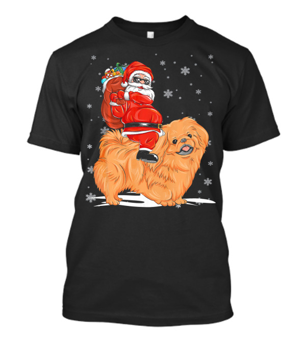 Funny Santa Claus Riding Pekingese Chris Snowflakes And Gift Sack T-Shirt