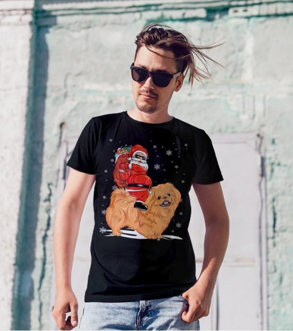 Funny Santa Claus Riding Pekingese Chris Snowflakes And Gift Sack T-Shirt