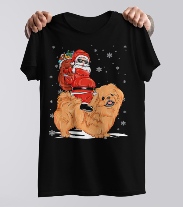 Funny Santa Claus Riding Pekingese Chris Snowflakes And Gift Sack T-Shirt