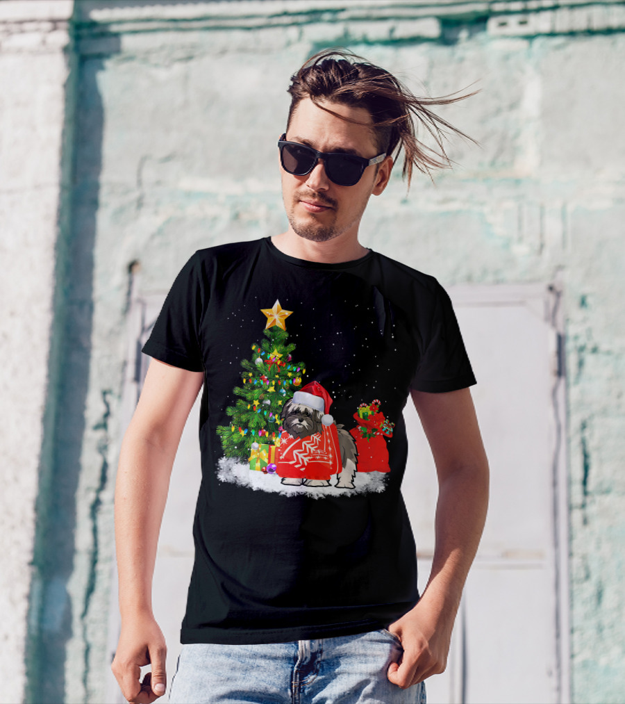 Lhasa Apso Christmas Santa Hat Festive Holiday Scene T-Shirt