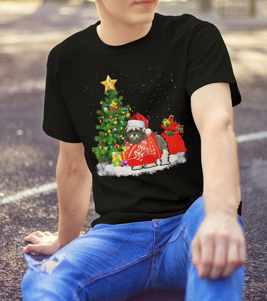 Lhasa Apso Christmas Santa Hat Festive Holiday Scene T-Shirt